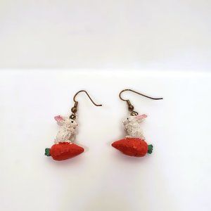 Rabbits Riding Carrots Resin Easter Earrings Dangle Hook Bunny Pair White 1"